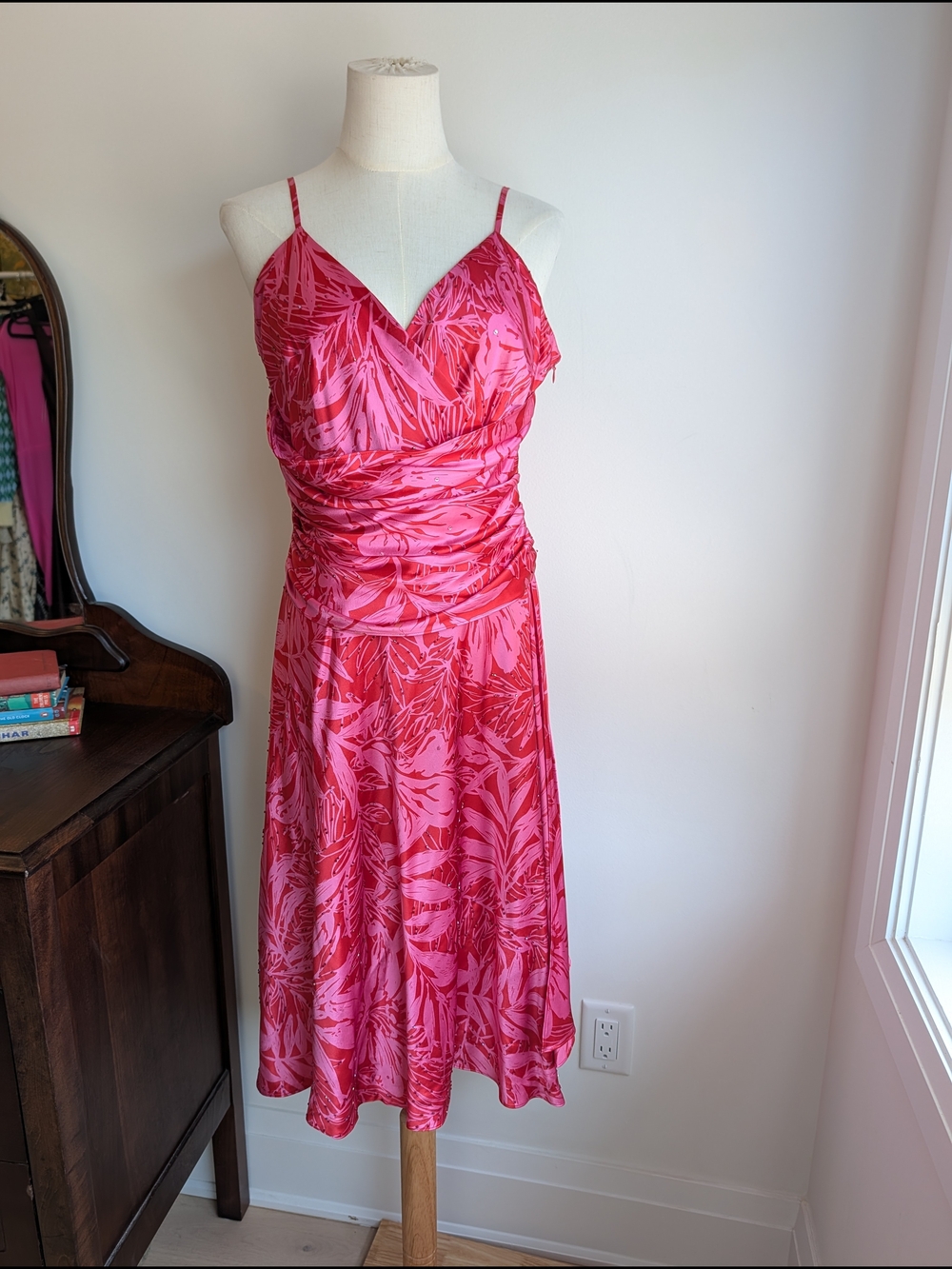 Vintage Pink/Red  Silk Floral Print V-Neck Spaghetti Strap Beaded Midi Dress